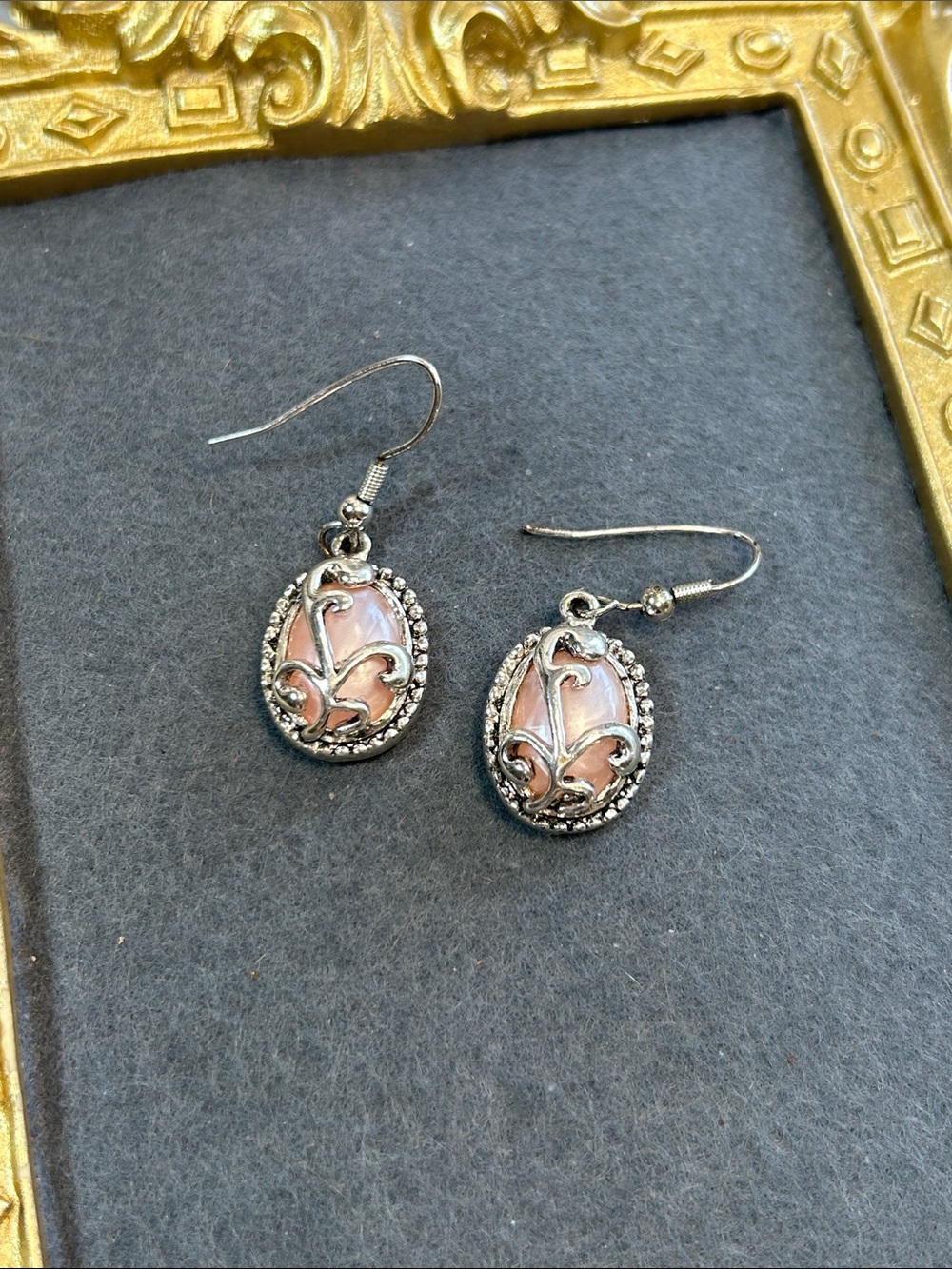 Classic Silver Filigree Pink Oval Drop Earrings